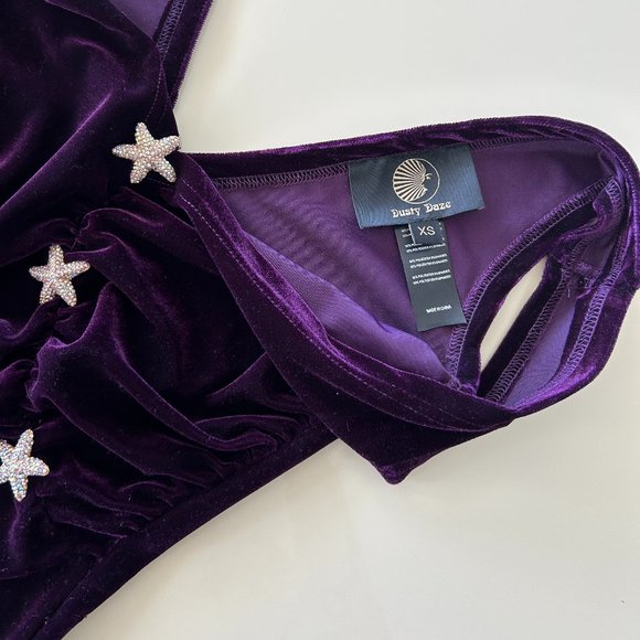 Dusty Daze Purple Velvet Plunge Front Body Suit with Gold Rhinestone Starfish - Picture 6 of 7